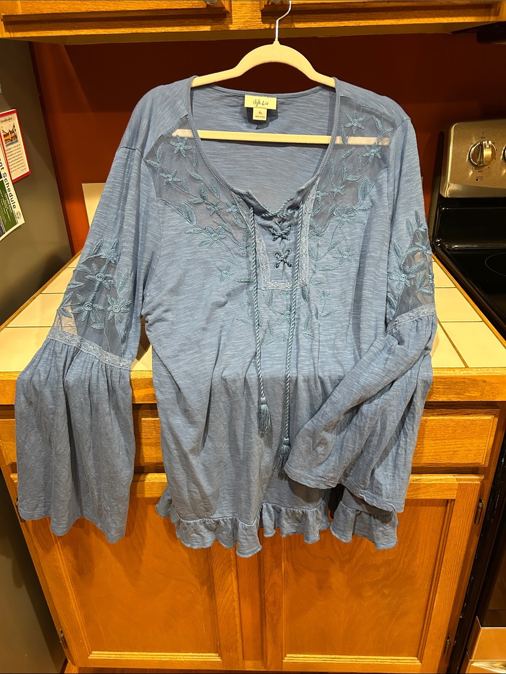 Style & Co. Light Blue Embroidered Lace-Up Tunic